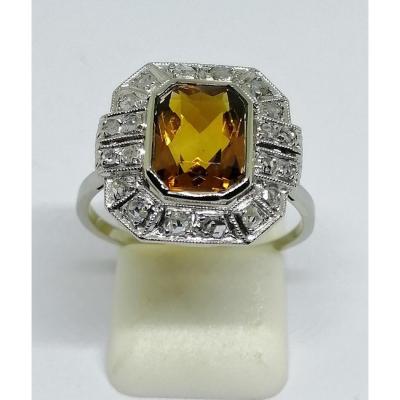 White Gold And Platinum Ring With Natural Amber Citrine, Diamond Roses, Art Deco.