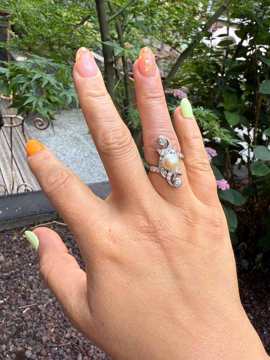 Antique Art Nouveau Ring – 18k Gold, Pearl & Diamonds.-photo-3