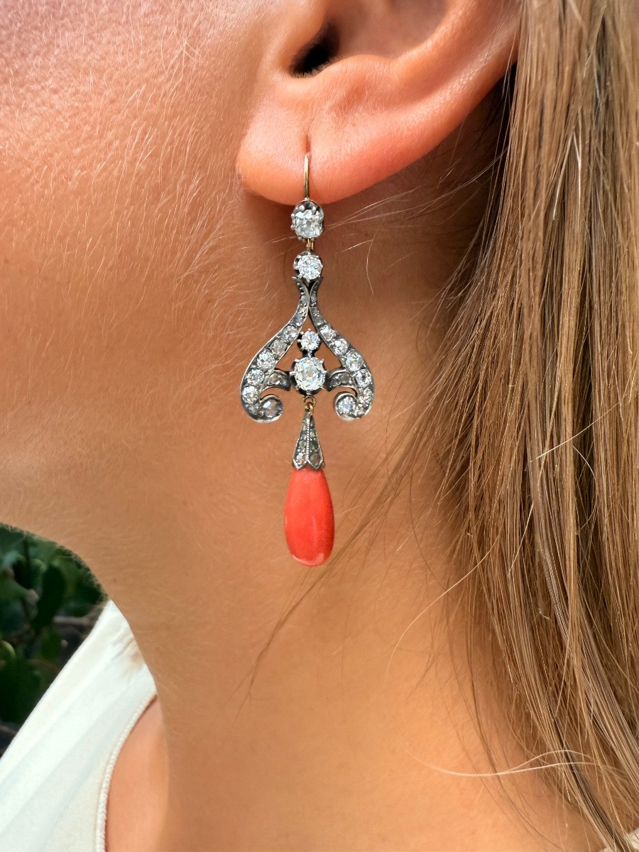 Pair Of Earrings – Gold, Silver, Coral And Rose-cut Diamonds, 1880–1900-photo-2