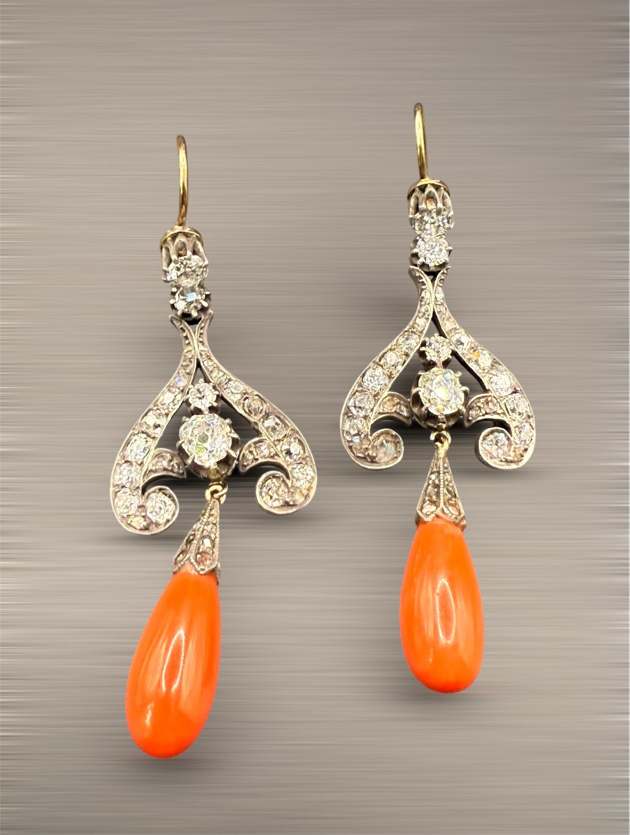 Pair Of Earrings – Gold, Silver, Coral And Rose-cut Diamonds, 1880–1900
