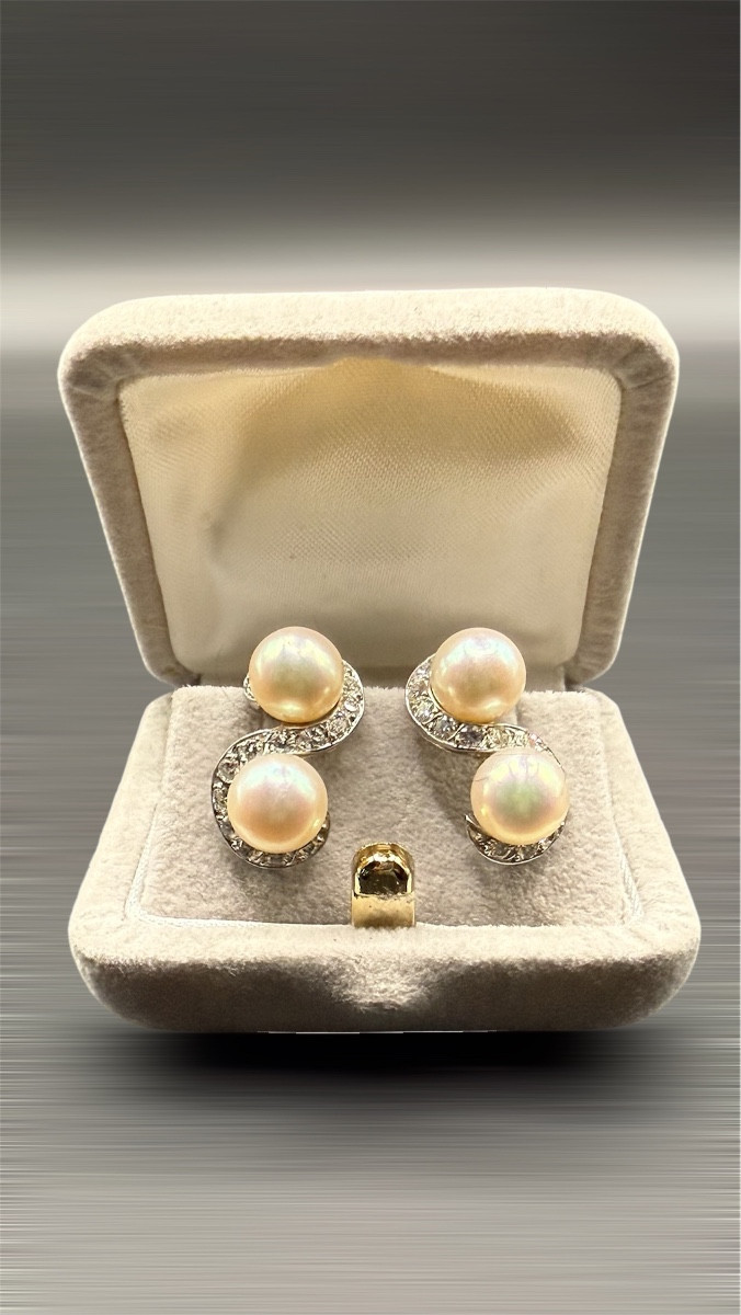 Contemporary Earrings In White Gold, Pearls And Diamonds.