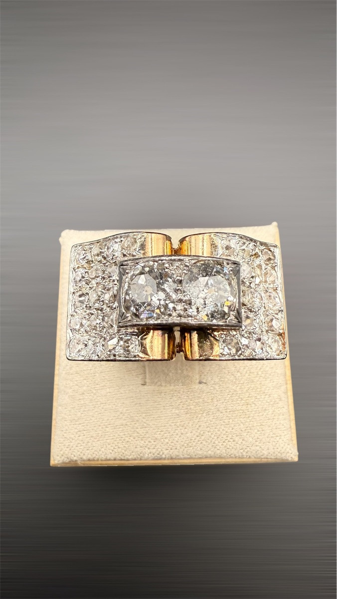 Bague Tank “Pont à livre ouvert” en or 18k et diamants – vers 1940-photo-2