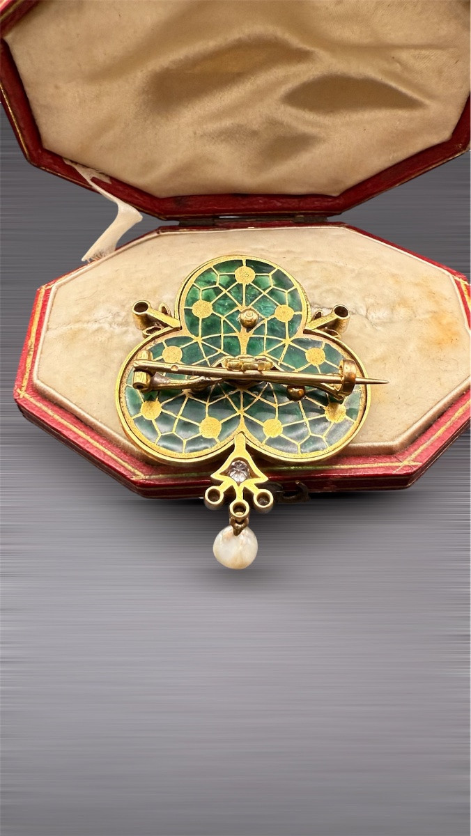 Art Nouveau 18k Gold Brooch With Enamel, Diamonds And Natural Pearl-photo-3