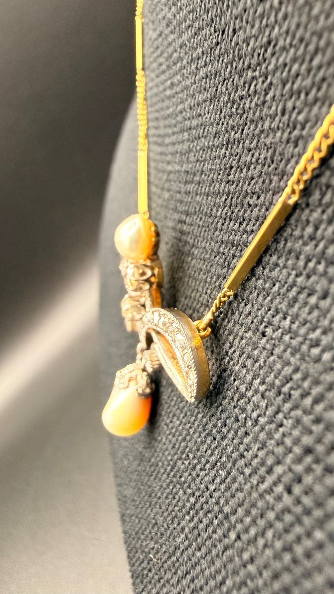 Collier ancien Belle Époque en or jaune et or blanc, diamants et perles fines-photo-2