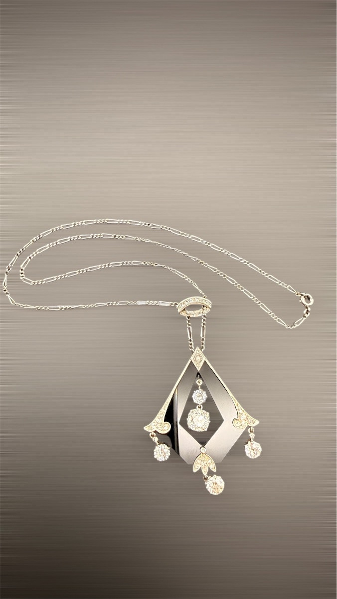 Art Deco Necklace With Platinum, Onyx And Old-cut Diamond Pendant – Circa 1920. -photo-1