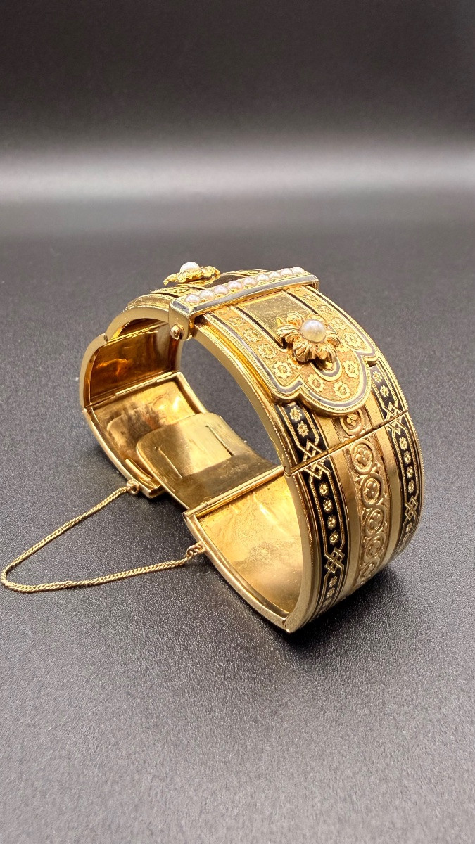 Antique 18-karat Yellow Gold Bracelet With Enamel And Fine Pearls, 19th Century-photo-2