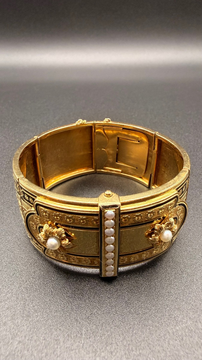Antique 18-karat Yellow Gold Bracelet With Enamel And Fine Pearls, 19th Century-photo-3