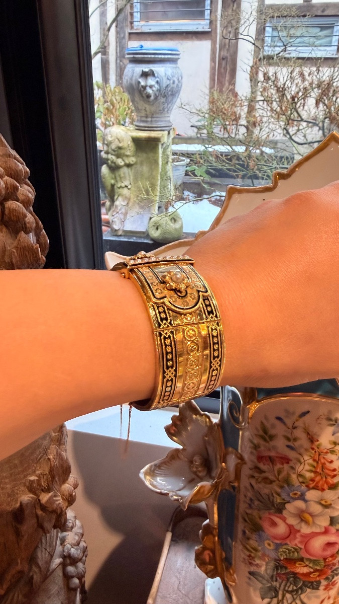 Antique 18-karat Yellow Gold Bracelet With Enamel And Fine Pearls, 19th Century-photo-1