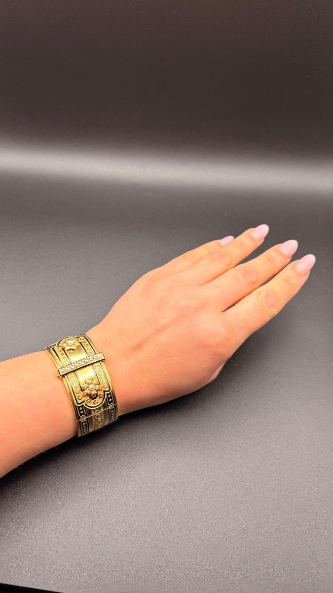 Antique 18-karat Yellow Gold Bracelet With Enamel And Fine Pearls, 19th Century-photo-2