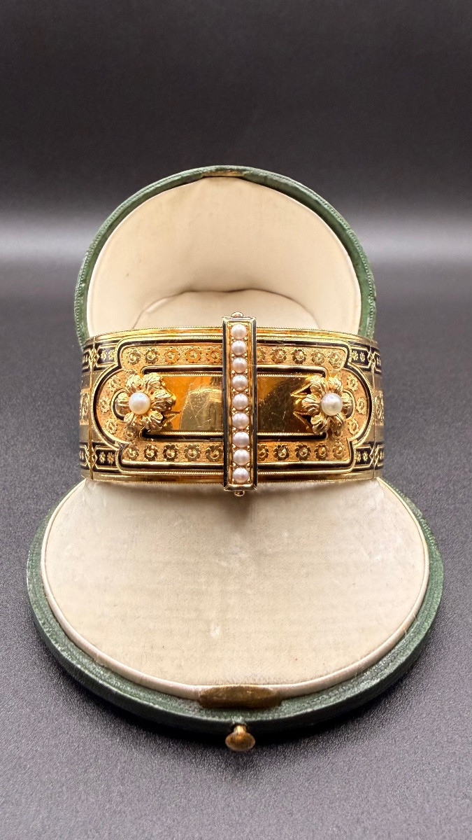 Antique 18-karat Yellow Gold Bracelet With Enamel And Fine Pearls, 19th Century-photo-5