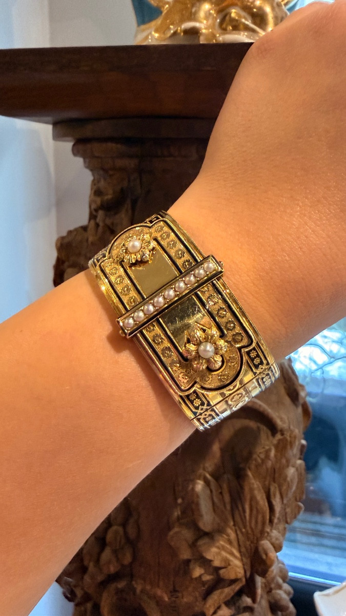 Antique 18-karat Yellow Gold Bracelet With Enamel And Fine Pearls, 19th Century