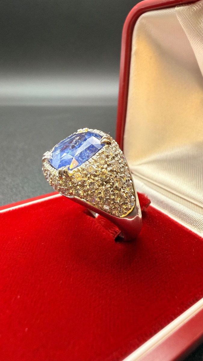 Bague vintage or gris 18K au saphir de Ceylan et roses de diamants – Années 60-photo-2