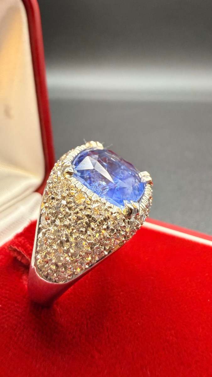 Bague vintage or gris 18K au saphir de Ceylan et roses de diamants – Années 60-photo-3