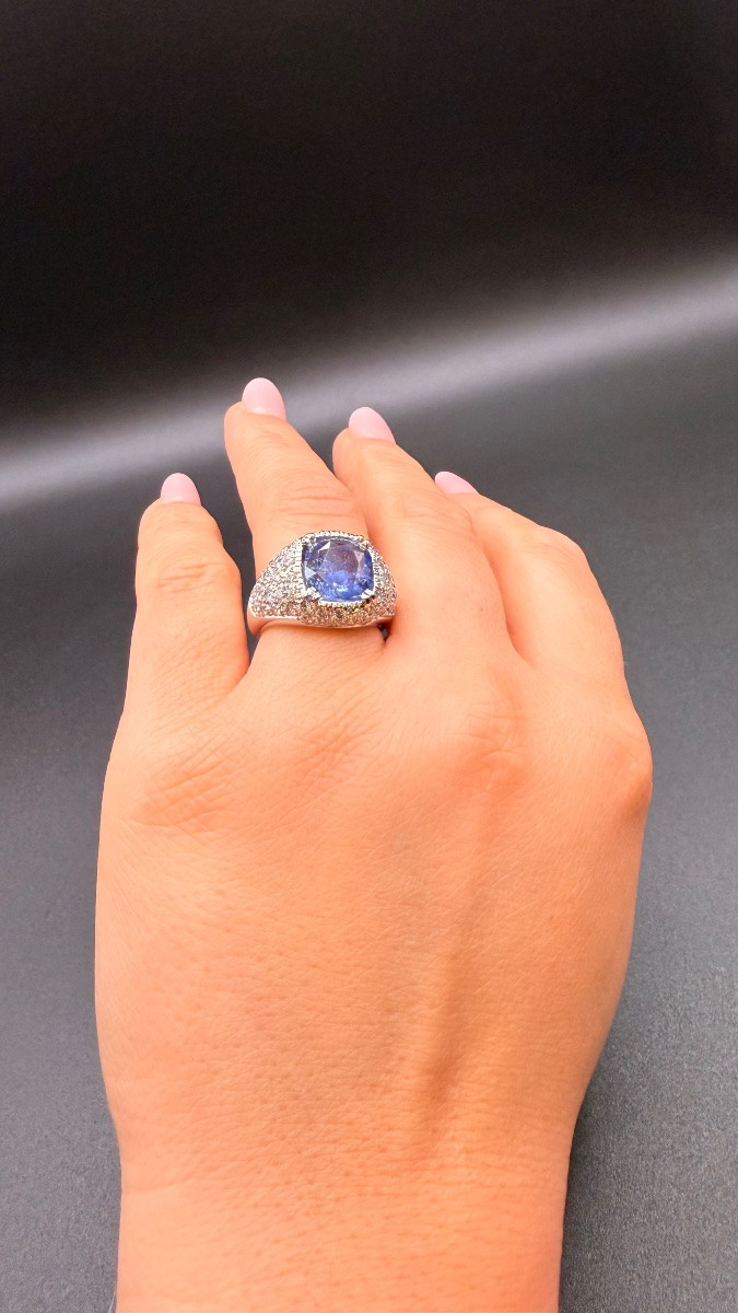 Bague vintage or gris 18K au saphir de Ceylan et roses de diamants – Années 60-photo-2