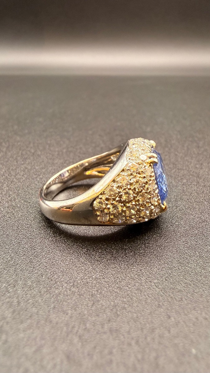 Bague vintage or gris 18K au saphir de Ceylan et roses de diamants – Années 60-photo-3