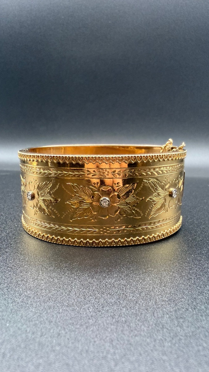 Art Nouveau Bangle Bracelet In 18 Carat Gold, Rose-cut Diamonds.-photo-2