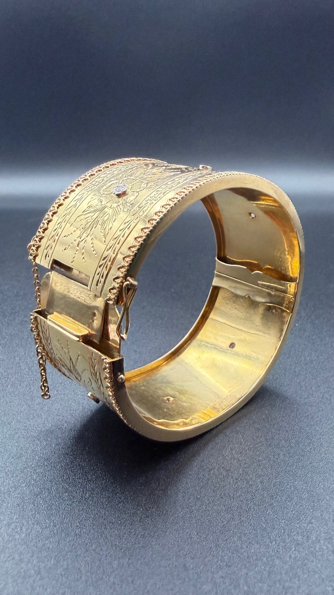 Art Nouveau Bangle Bracelet In 18 Carat Gold, Rose-cut Diamonds.-photo-3