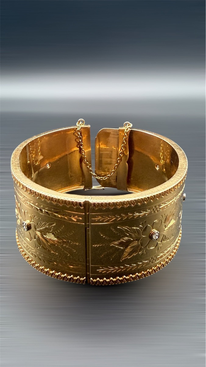 Art Nouveau Bangle Bracelet In 18 Carat Gold, Rose-cut Diamonds.-photo-4