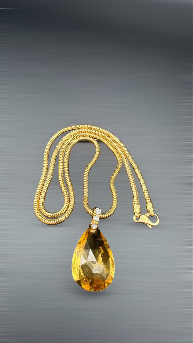 Collier contemporain en or jaune 18 carats, citrine et roses de diamants.-photo-2