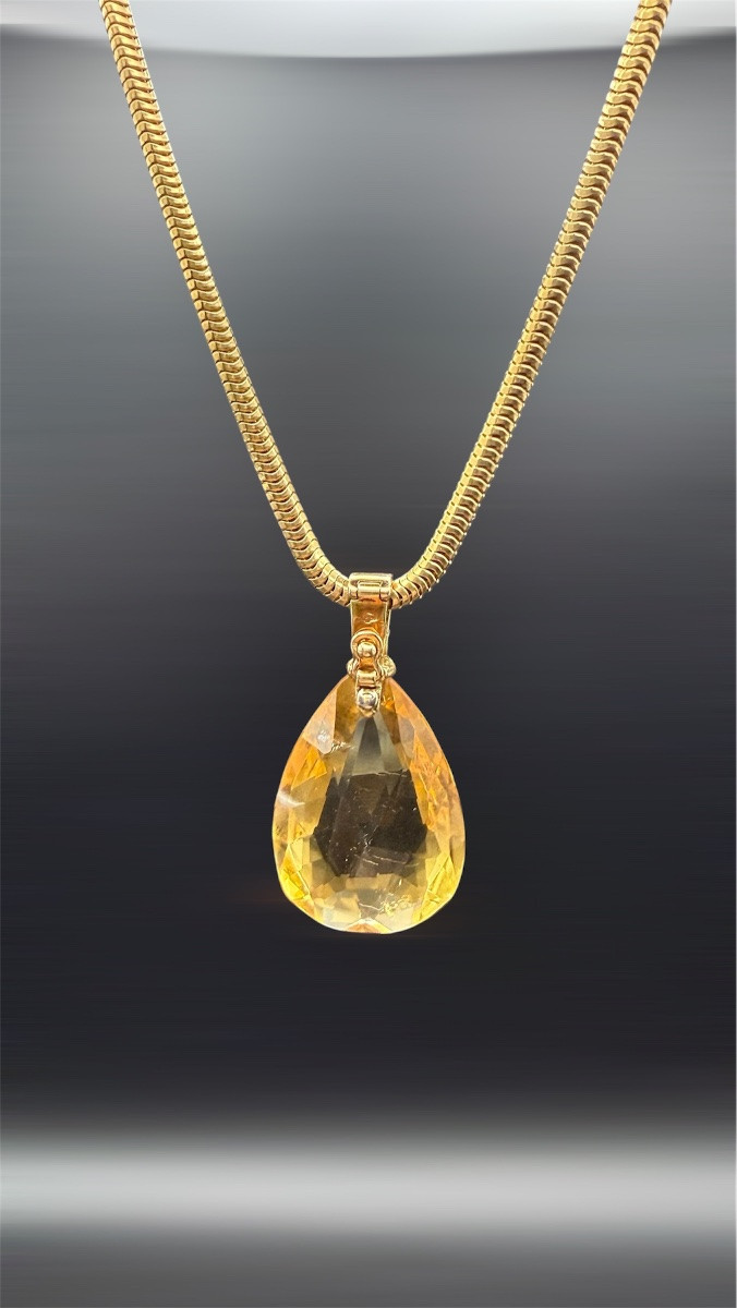 Collier contemporain en or jaune 18 carats, citrine et roses de diamants.-photo-3