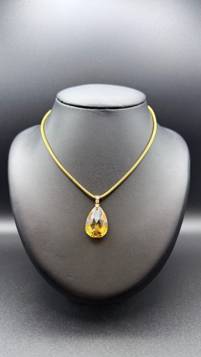Collier contemporain en or jaune 18 carats, citrine et roses de diamants.-photo-4