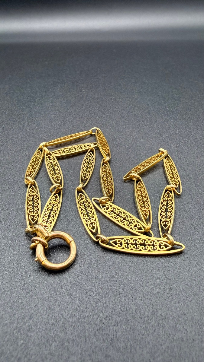 Chaîne de montre Art Nouveau en or jaune 18 carats – travail ajouré-photo-2