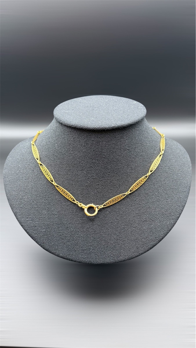 Chaîne de montre Art Nouveau en or jaune 18 carats – travail ajouré-photo-3