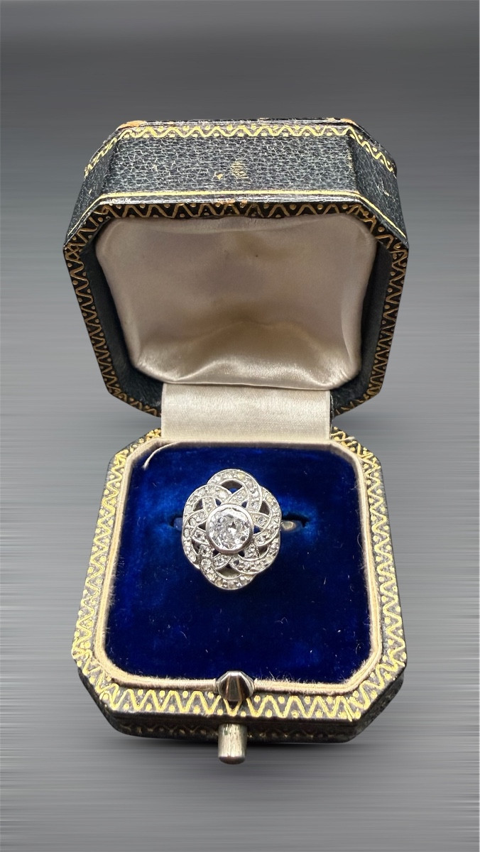 Art Nouveau Platinum Ring – Antique Diamond Surrounded By Diamonds.