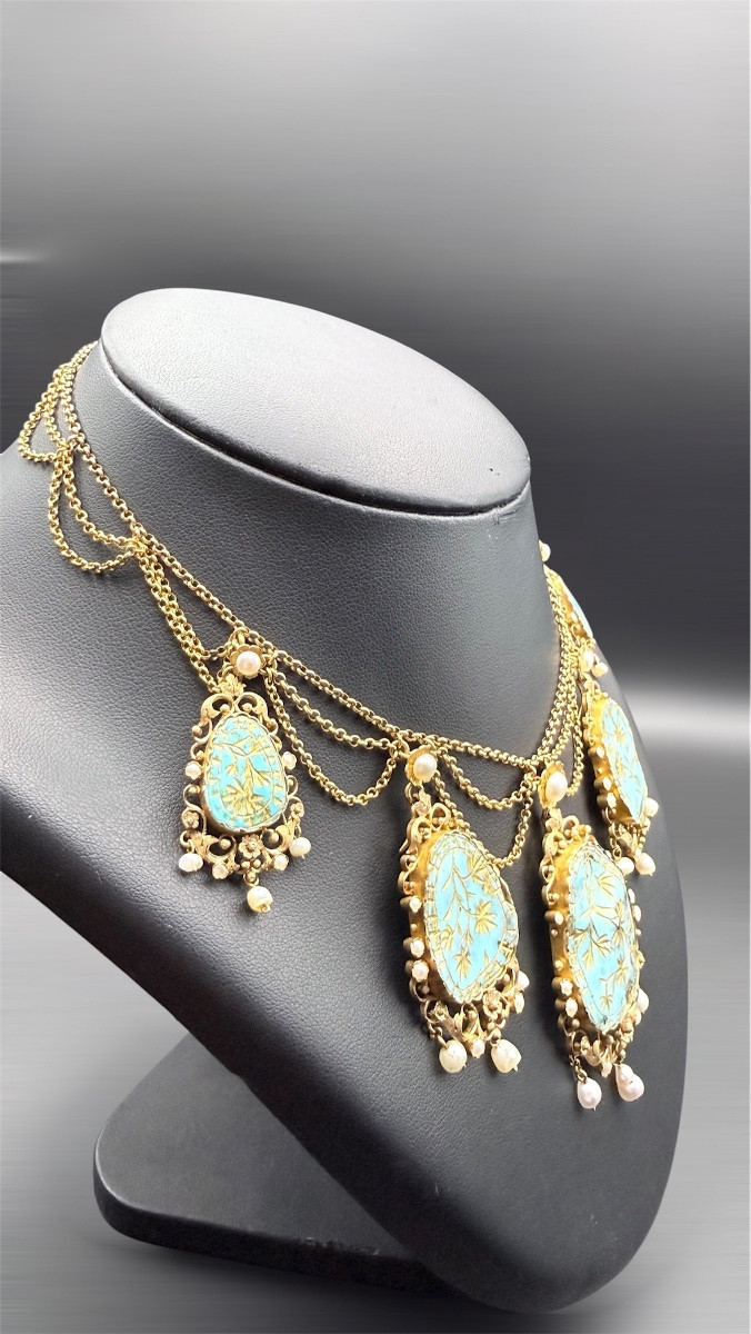 Collier draperie Qadjar en or jaune 18 carats et turquoises — XIXe siècle-photo-2