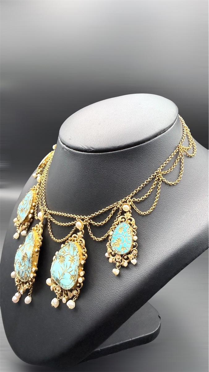 Collier draperie Qadjar en or jaune 18 carats et turquoises — XIXe siècle-photo-3