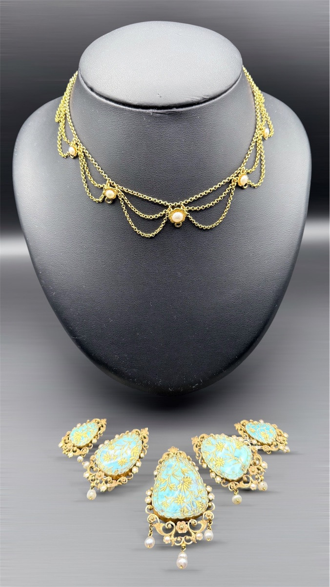 Collier draperie Qadjar en or jaune 18 carats et turquoises — XIXe siècle-photo-2