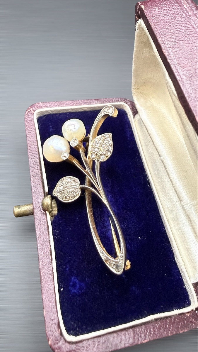Art Nouveau 18k Yellow Gold Brooch, Fine Sea Water Pearls, Circa 1900.-photo-1