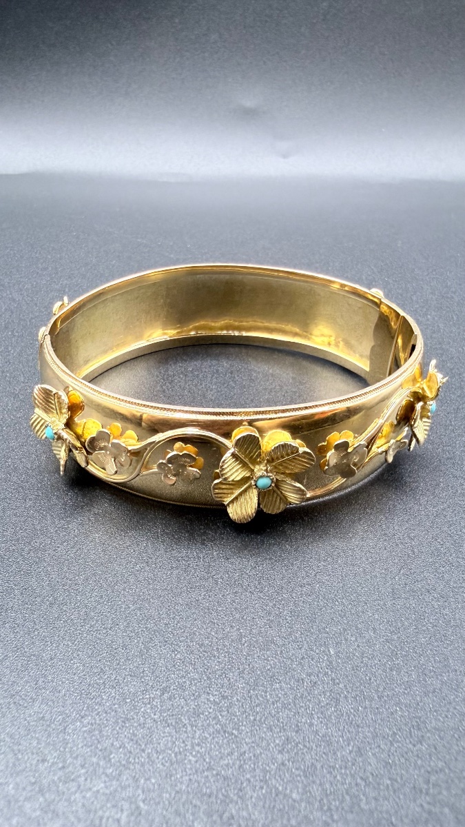 18-karat Yellow Gold Bangle Bracelet With Floral Motifs And Turquoise Stones, 1950s–1960s-photo-2