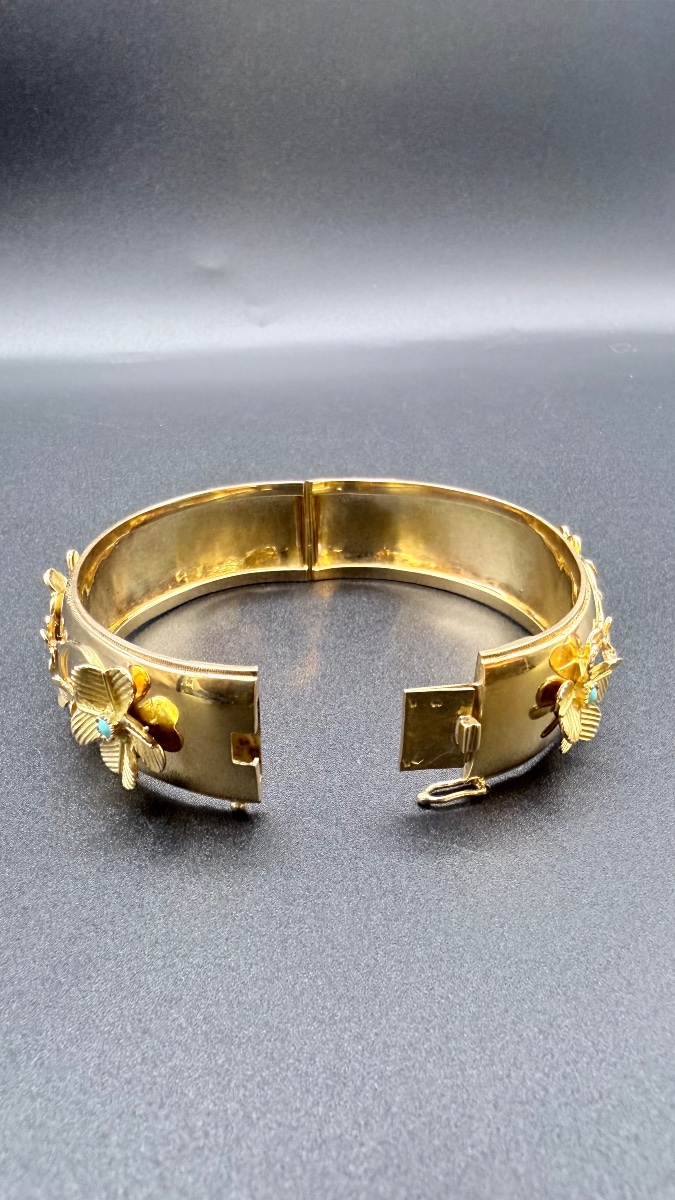 18-karat Yellow Gold Bangle Bracelet With Floral Motifs And Turquoise Stones, 1950s–1960s-photo-3