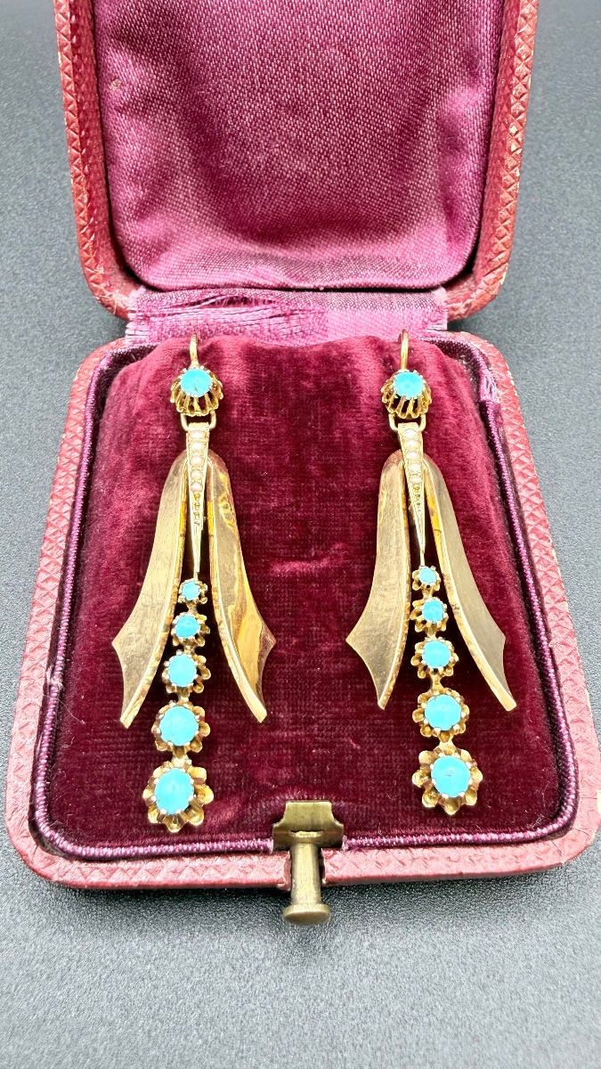Paire de boucles d’oreilles Napoléon III en or 18 carats, turquoises et perles fines.-photo-2