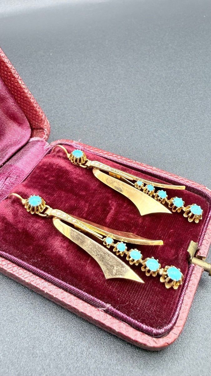 Paire de boucles d’oreilles Napoléon III en or 18 carats, turquoises et perles fines.-photo-3
