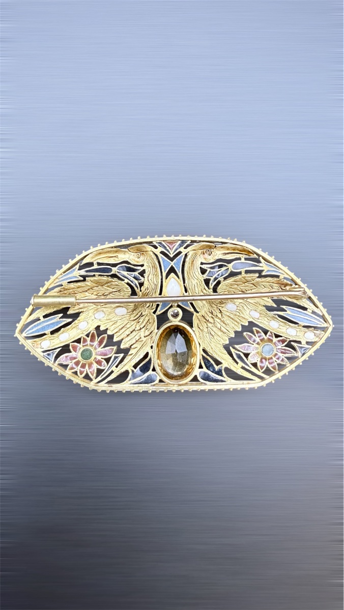 Broche Art Nouveau aux Oiseaux en Or, Émail Plique-à-Jour, Citrine et Diamant-photo-2