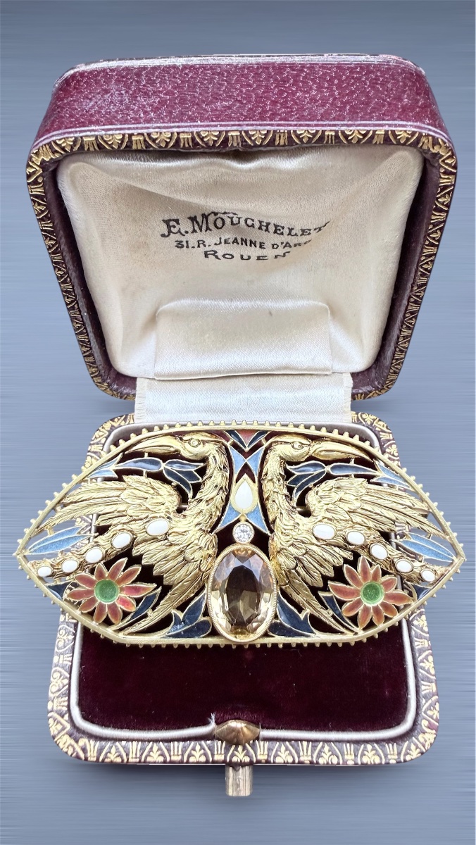 Broche Art Nouveau aux Oiseaux en Or, Émail Plique-à-Jour, Citrine et Diamant-photo-3