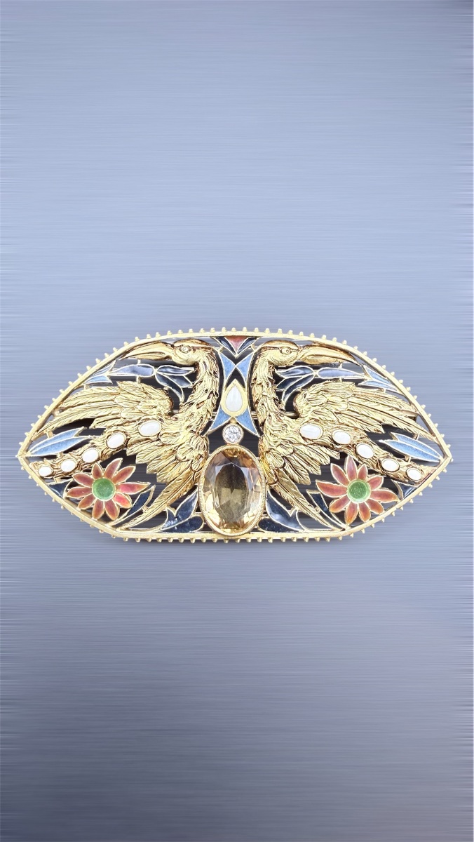 Broche Art Nouveau aux Oiseaux en Or, Émail Plique-à-Jour, Citrine et Diamant