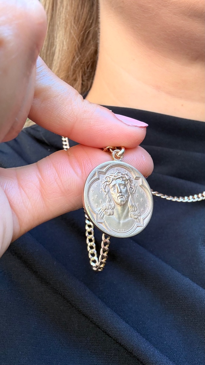 Médaille religieuse en or 18 carats – L. Penin, Lyon – Christ & Vierge – XIXᵉ siècle.-photo-1