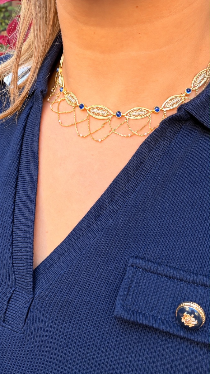 Collier Fin XIXe En Or 18 Carats, Saphirs Et Perles Fines-photo-2