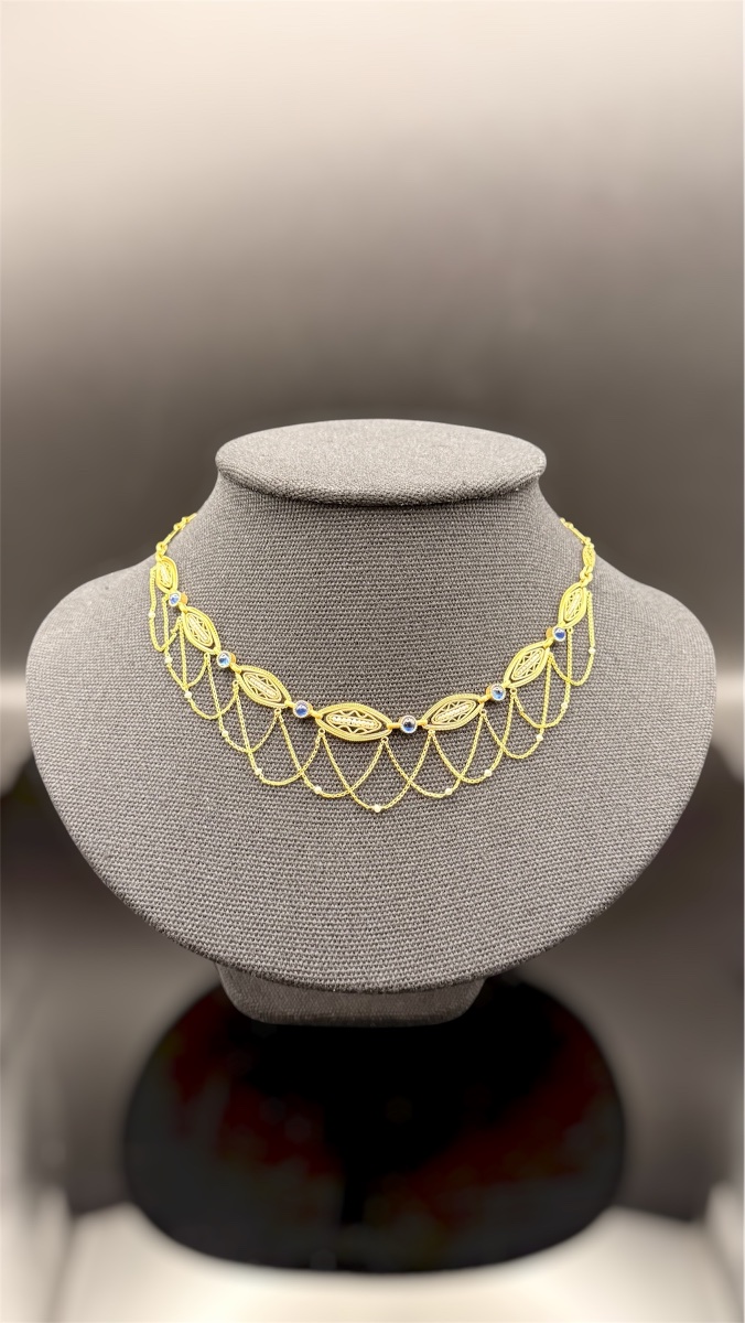 Collier Fin XIXe En Or 18 Carats, Saphirs Et Perles Fines-photo-3
