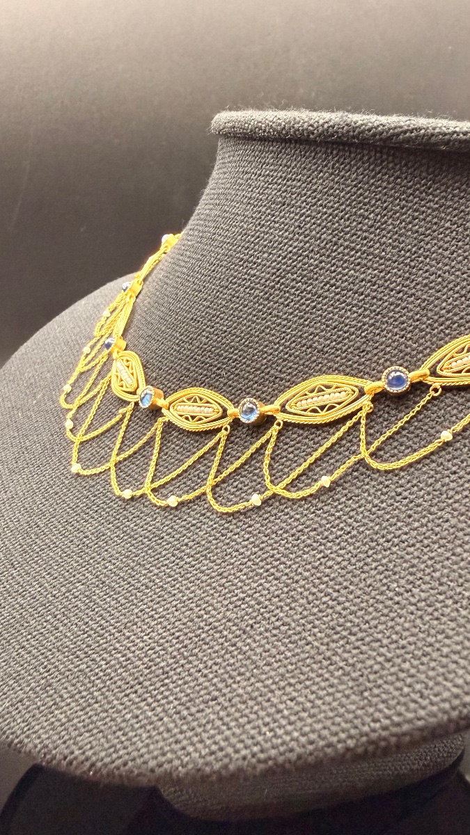 Collier Fin XIXe En Or 18 Carats, Saphirs Et Perles Fines-photo-1