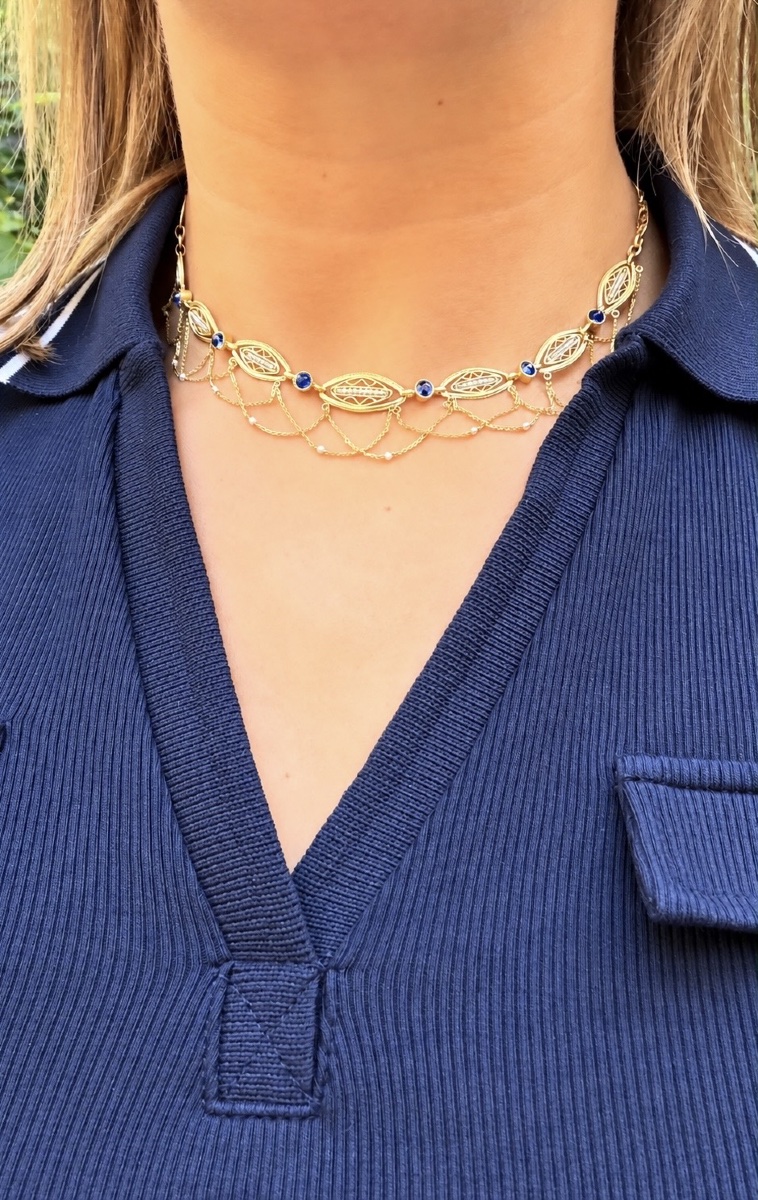 Collier Fin XIXe En Or 18 Carats, Saphirs Et Perles Fines