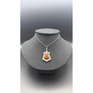 Art Deco Necklace In Platinum, Diamonds, Coral And Onyx.