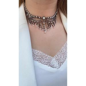 Collier à transformation Napoléon III en or, diamants et perles fines.