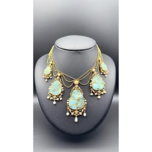 Qadjar Drapery Necklace In 18-carat Yellow Gold And Turquoise - 19th Century