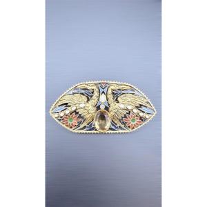 Art Nouveau Bird Brooch In Gold, Plique-à-jour Enamel, Citrine And Diamond