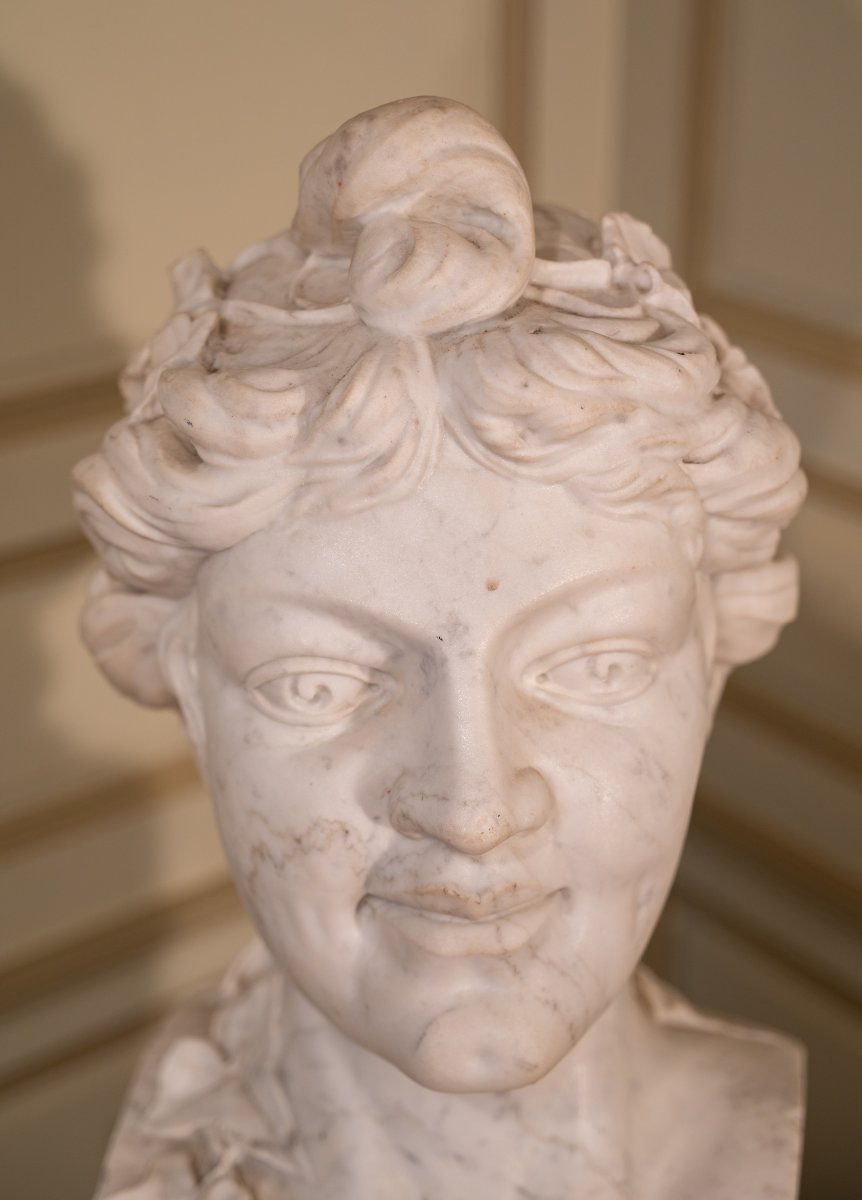 Important Carrara Marble Bust "the Young Girl With The Bun"-photo-3