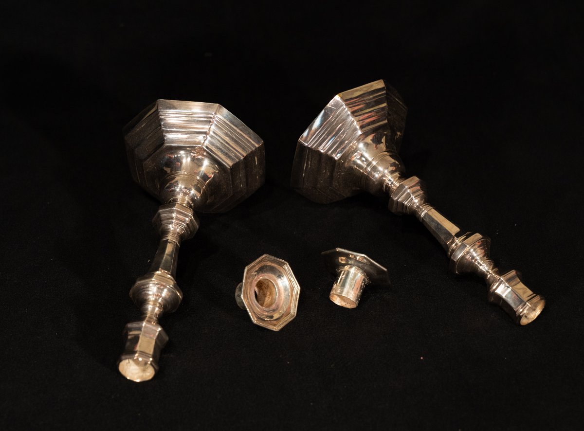 Pair Of Louis XIV Style Silver-plated Metal Candlesticks-photo-2